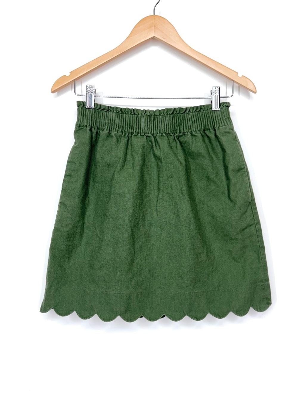 J. Crew Linen Cotton Solid Green Elastic Waist Scalloped Hem Mini Skirt Size 4